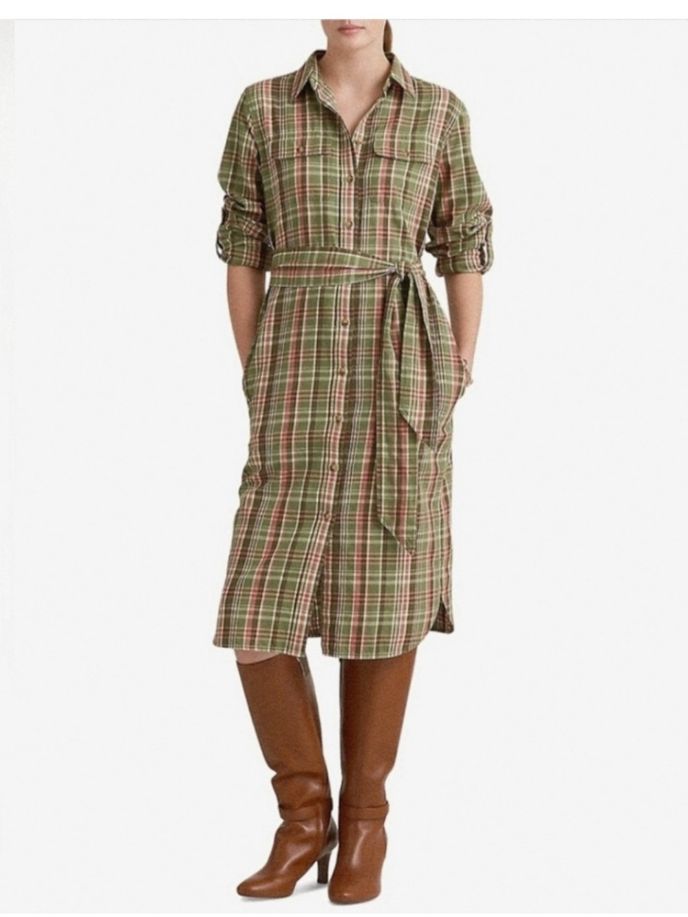 Lauren Ralph Lauren NWT Plaid Shirt Dress Belted Midi Pockets Size 12